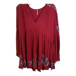 Free People Womens Embroidered Long Sleeve Tunic Top Burgundy Size S/P Gathered